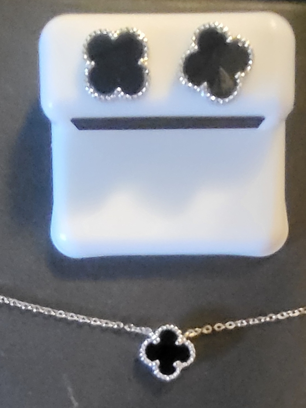 Silver Clover Black Onyx Enamel Necklace and Stud Earrings Set 18"